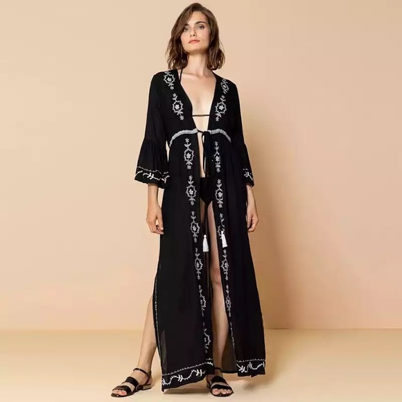 New Bohemian Embroidered Kimono Duster Jacket - Picture 3 of 6